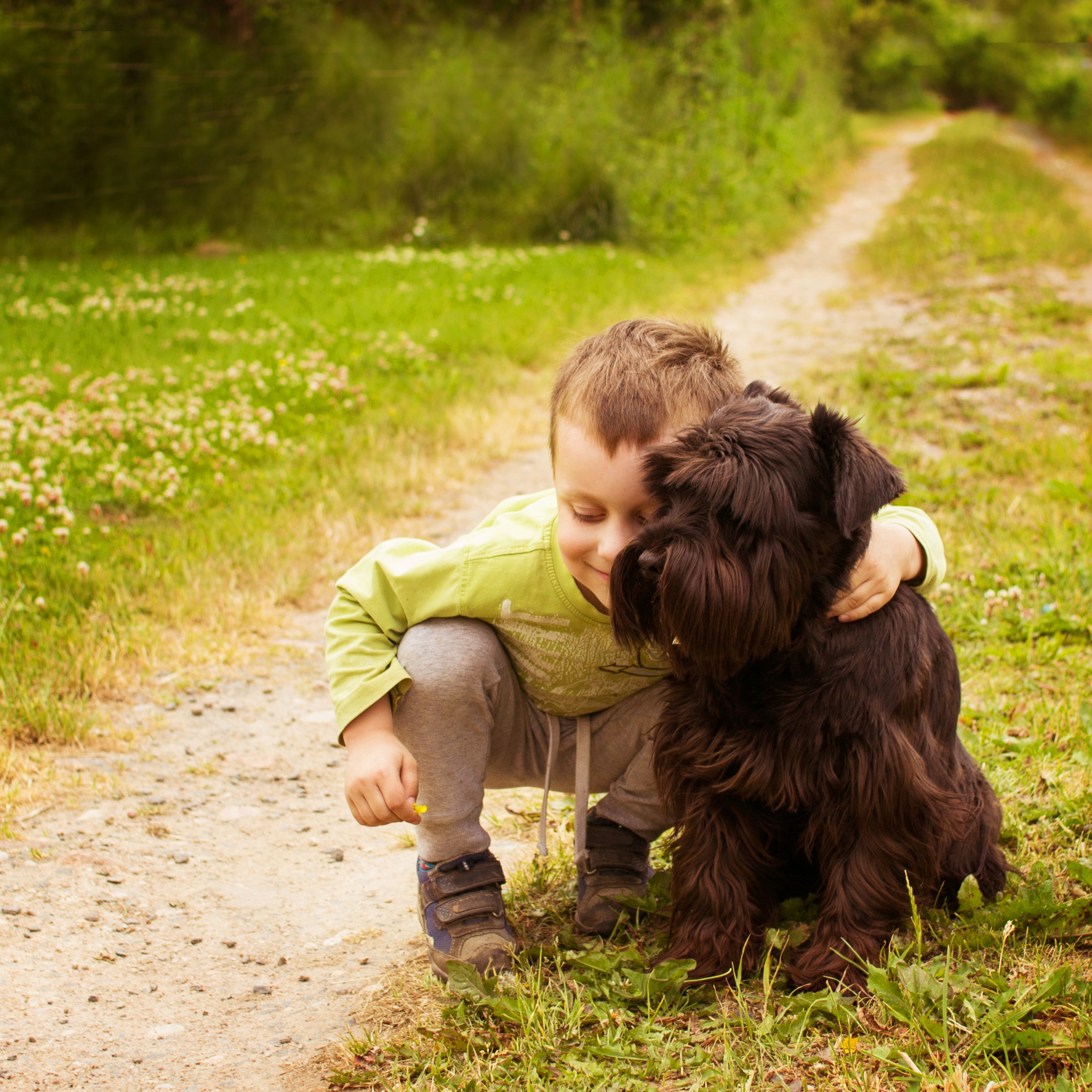 Kleinkind mit Hund auf einem Feldweg